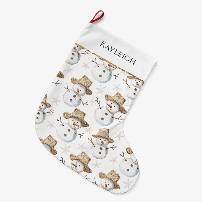 Grande Chaussette De Noël Cute Beach Snowman Noël Gold Parties scintillant (Devant (Accrochage))