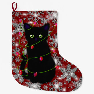Grande Chaussette De Noël Cute black cat Meowy Christmas sparkling snowflake