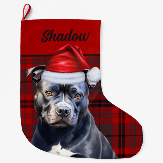 Grande Chaussette De Noël Cute Bluenose Pitbull Dog et Red Plaid Custom (Devant)