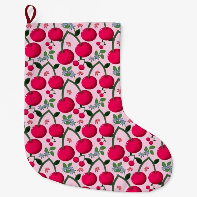 Grande Chaussette De Noël Cute Cherry  Pattern, Glossy Kawaii Fruit (Devant)