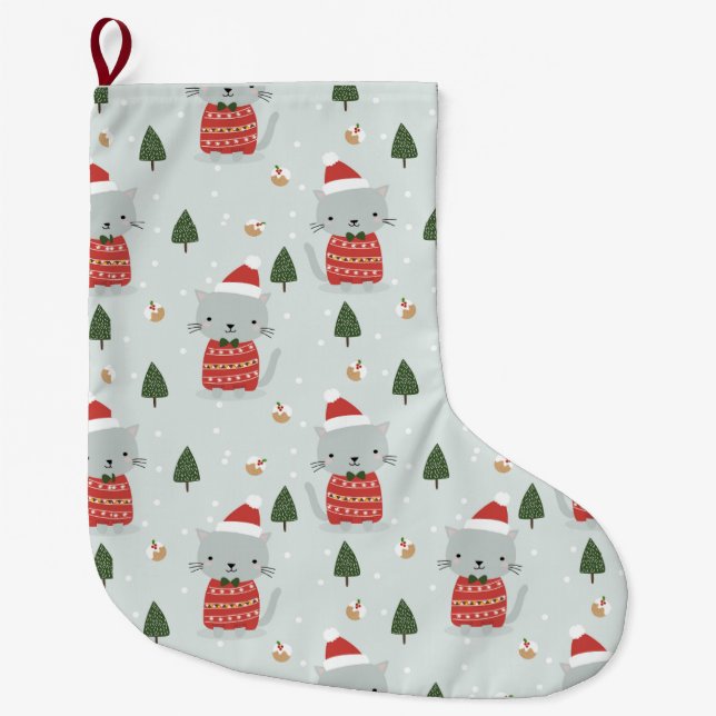 Grande Chaussette De Noël Cute Christmas Cat Pattern – Festive Holiday  (Devant)