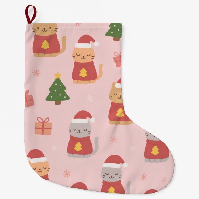 Grande Chaussette De Noël Cute Christmas Cats Pattern – Pink Holiday Design (Devant)
