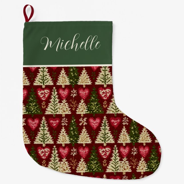 Grande Chaussette De Noël Cute Custom Knitted Style Christmas Trees Pattern  (Devant)
