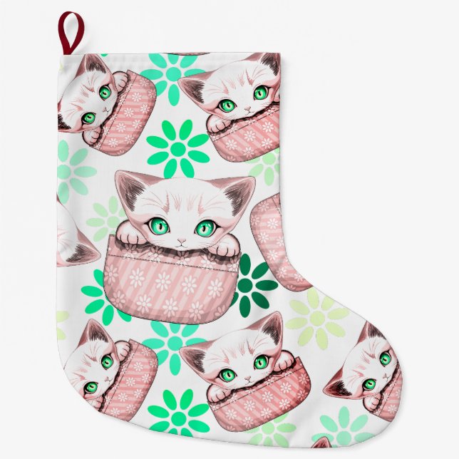 Grande Chaussette De Noël Cute de chat et pointe joueuse à partir d'une poch (Devant)