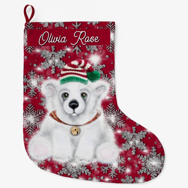 Grande Chaussette De Noël Cute festive holiday Polar bear glitter snowflakes (Devant)