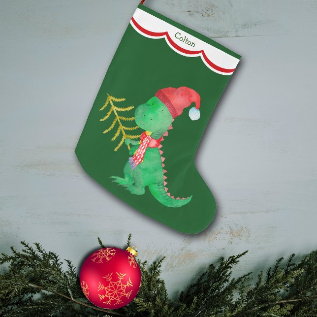 Grande Chaussette De Noël Cute Green Dinosaur Personnalisé (Créateur téléchargé)