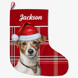 Grande Chaussette De Noël Cute Jack Russell Chien Rouge Plaid Personnalisé
