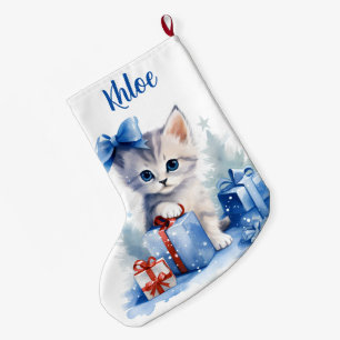 Grande Chaussette De Noël Cute Kitten de Noël avec cadeaux et nom