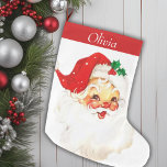Grande Chaussette De Noël Cute Mid-Century Vintage Père Noël personnalisée<br><div class="desc">Ce charmant stock de Noël est un signe nostalgique de la joie des vacances du milieu du siècle, avec une image délicieuse vintage Père Noël qui respire la chaleur et la joie. Le devant présente Père Noël dans son costume rouge classique avec des joues roses et un scintillement dans l'oeil,...</div>