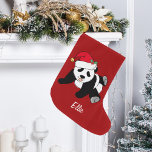 Grande Chaussette De Noël Cute Panda Bear Personnalisé Red Kids<br><div class="desc">Ce bel ours de panda de Noël est muni d'un mignon panda portant un chapeau de Père Noël rouge. Ce bas de Noël animal,  joliment personnalisé,  est décoré d'un bel arrière - plan de vacances rouge. Personnalisez avec votre propre texte en bas pour un cadeau élégant.</div>