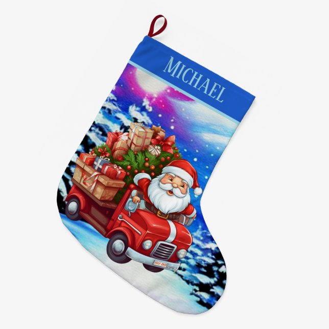 Grande Chaussette De Noël Cute Père Noël voiture de conduite ajouter nom (Devant (Accrochage))