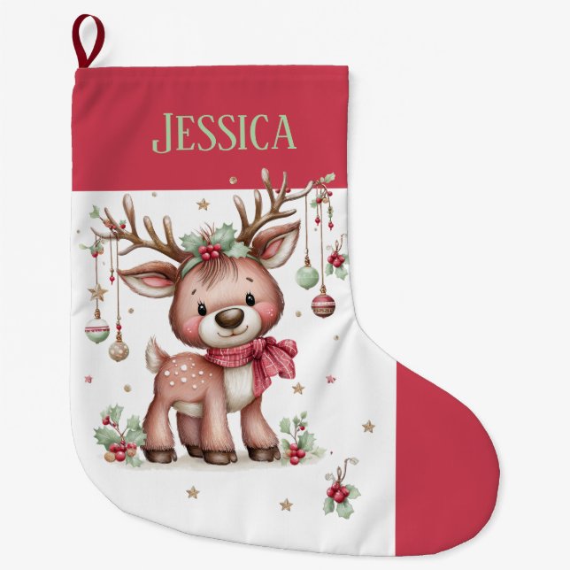 Grande Chaussette De Noël Cute Reinder personnalisée (Devant)
