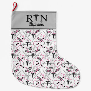 Grande Chaussette De Noël Cute rose Stethoscope Infirmière   Docteur Motif 