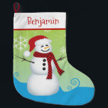 Grande Chaussette De Noël Cute Snowman avec chapeau de Santa<br><div class="desc">Cette adorable réserve de Noël offre une représentation graphique d'un bonhomme de neige portant un chapeau de Père Noël. L'arrière - plan est vert vif et bleu,  agrémenté de flocons de neige. Personnalisez ce stock de vacances pour n'importe quel enfant.</div>