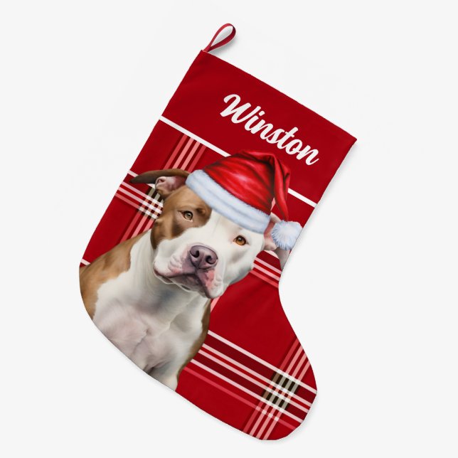 Grande Chaussette De Noël Cute Staffordshire Chien et Rouge Plaid Personnali (Devant (Accrochage))