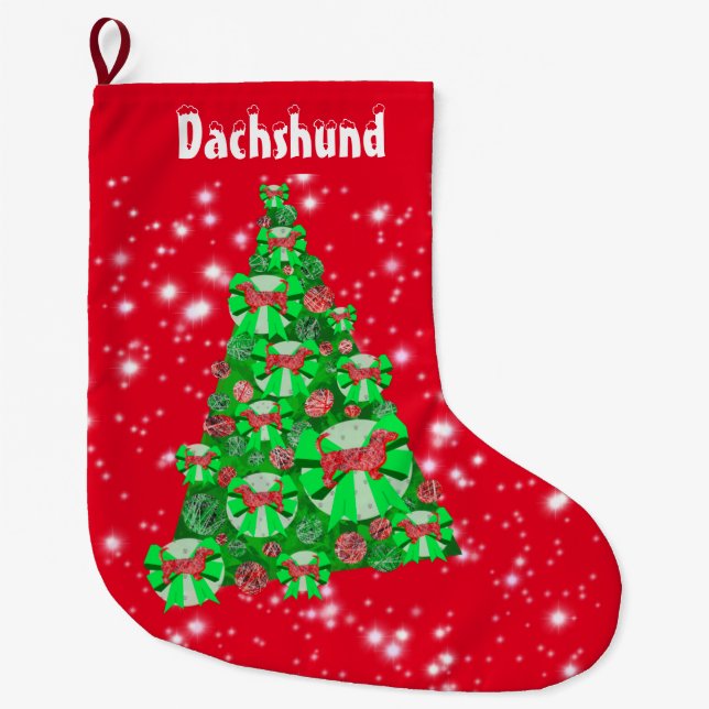 Grande Chaussette De Noël Dachshund Chien Noël Gros arbre Décor Rouge (Devant)