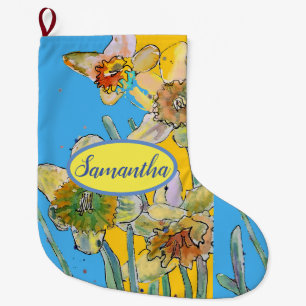 Grande Chaussette De Noël Daffodile jaune orange Fleurs florales Bleu