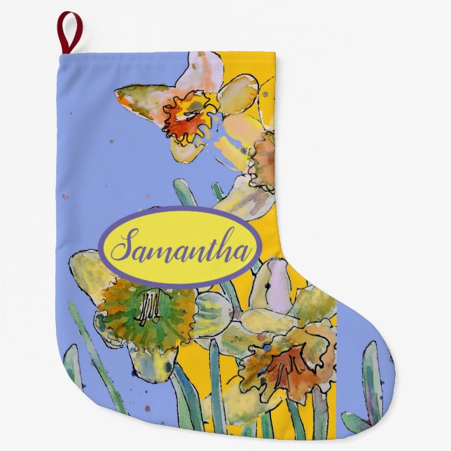 Grande Chaussette De Noël Daffodile Jaune Orange Fleurs Florales Violet Lila (Devant)