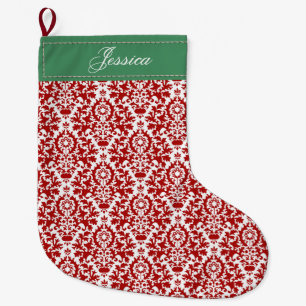 Grande Chaussette De Noël Damas florales rouge, blanc et vert