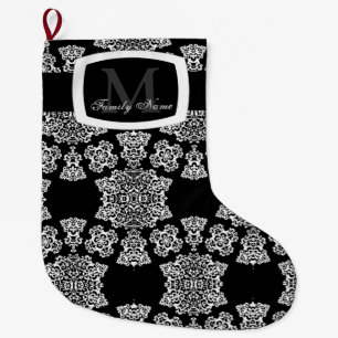 Grande Chaussette De Noël Damassé rose de Tudor (blanche) (monogramme)