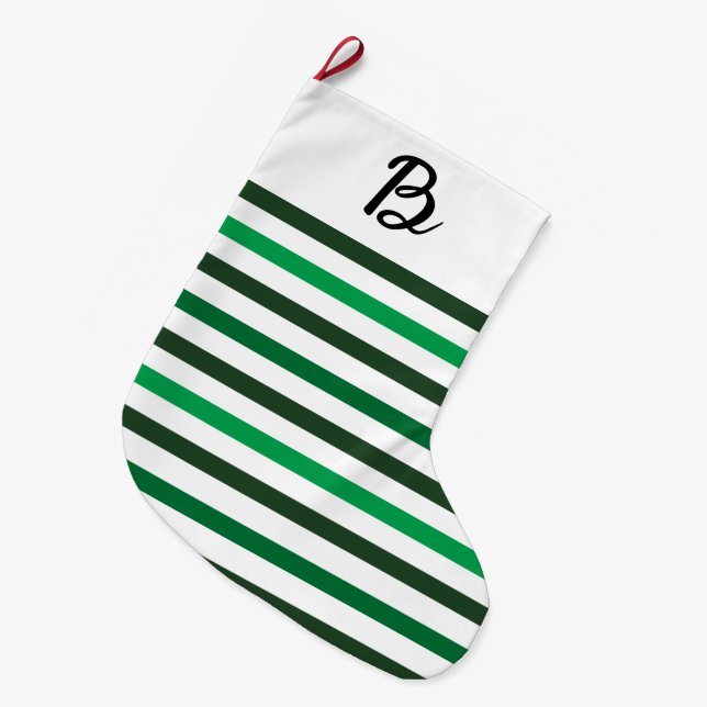 Grande Chaussette De Noël Dark Light Green Stripes Monogram Christmas (Devant (Accrochage))