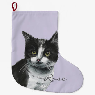 Grande Chaussette De Noël Dessin pelucheux noir et blanc de chat