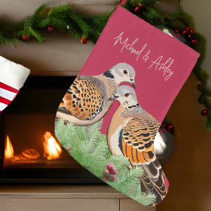 Grande Chaussette De Noël Deux Tourterelles Doves Rouge Vacances Oiseau Coup
