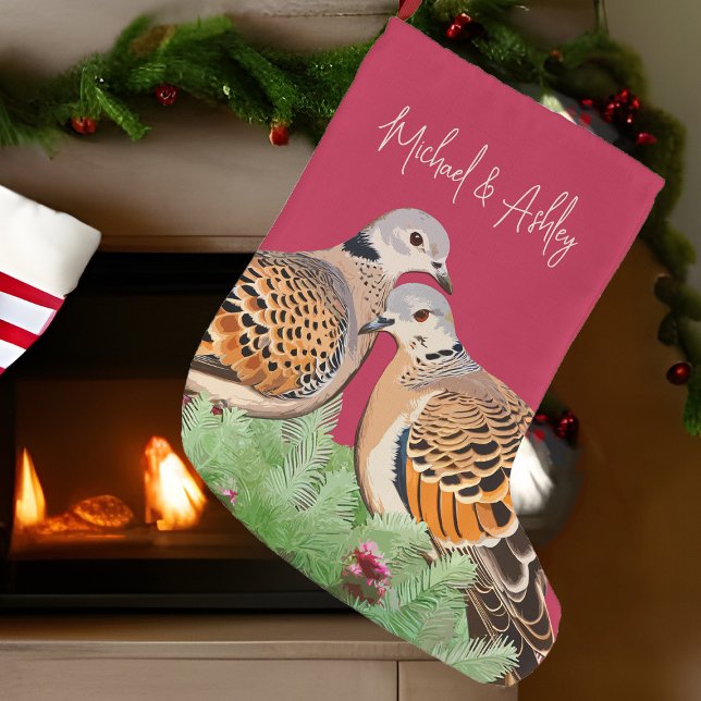 Grande Chaussette De Noël Deux Tourterelles Doves Rouge Vacances Oiseau Coup (2 turtle doves personalized couple's Christmas stocking)
