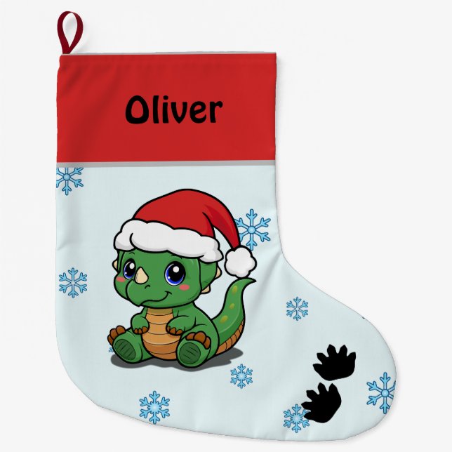 Grande Chaussette De Noël Dinosaure de Noël personnalisé Stocker (Devant)