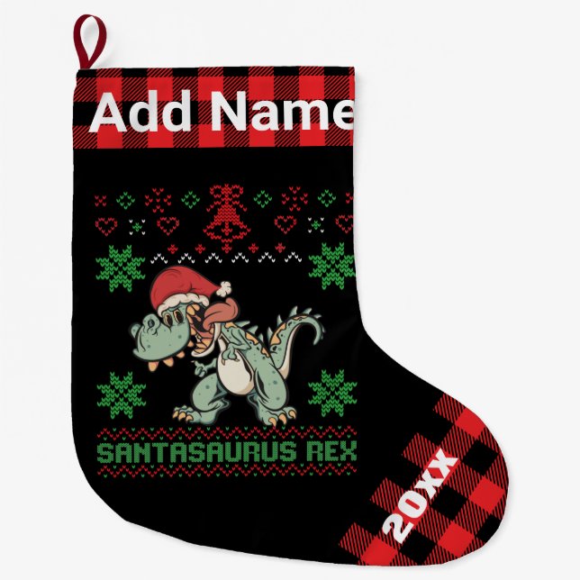 Grande Chaussette De Noël Dinosaure personnalisé Santasaurus Rex Ugly Xmas (Devant)