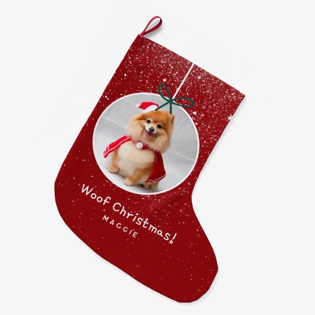 Grande Chaussette De Noël Dog Photo Snow Red Woof Christmas Holiday  (Devant (Accrochage))