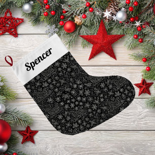 Grande Chaussette De Noël Doodle noir et blanc Motif de l'aube de Noël