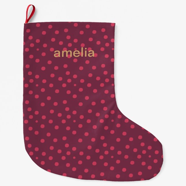 Grande Chaussette De Noël Dots d'aquarelle modernes avec nom rose (Devant)