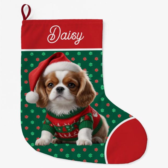 Grande Chaussette De Noël Doux Cavalier King Charles Personnalisé (Devant)