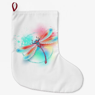 Grande Chaussette De Noël Dragonfly rouge sur l'arrière - plan aquarelle