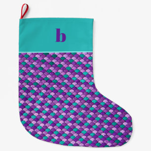 Grande Chaussette De Noël Écales de sirène sarcelle violette Monogramme Noël