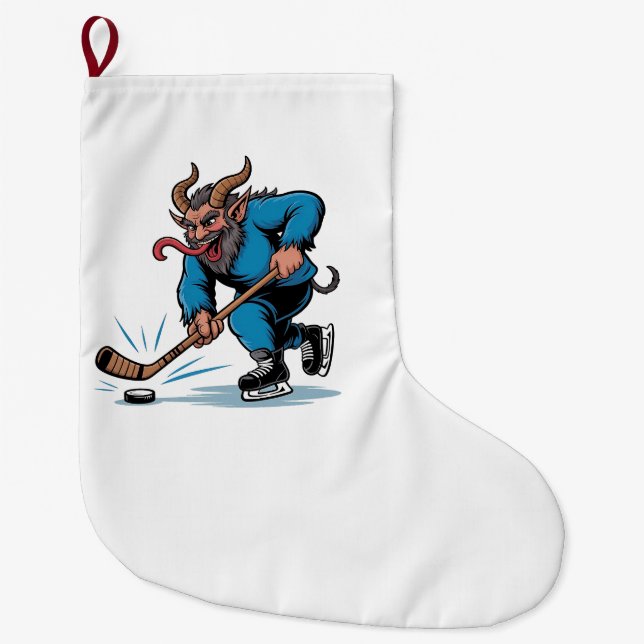 Grande Chaussette De Noël Éffrayant Krampus Jouer au hockey sur glace Noël (Devant)