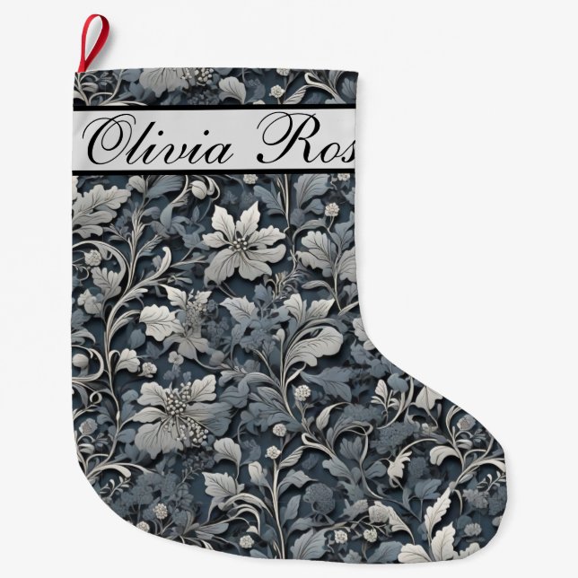Grande Chaussette De Noël Elégant bleu poussiéreux argent blanc gris gris fl (Devant)