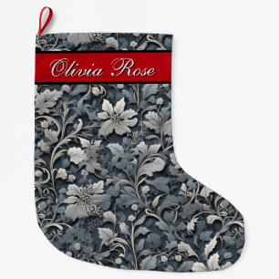 Grande Chaussette De Noël Elégant bleu poussiéreux argent blanc gris gris fl