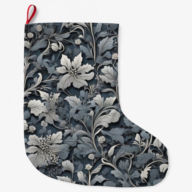 Grande Chaussette De Noël Elégant bleu poussiéreux argent blanc gris gris fl (Devant)