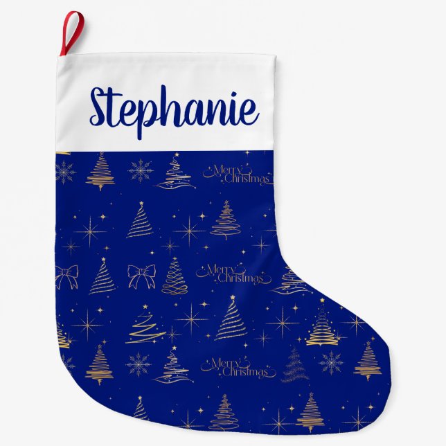 Grande Chaussette De Noël Elegant Blue W/ Gold Christmas Tree Doodles  (Devant)