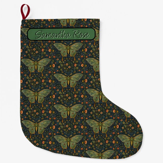 Grande Chaussette De Noël Élégant boho rétro Luna moth botanique (Devant)