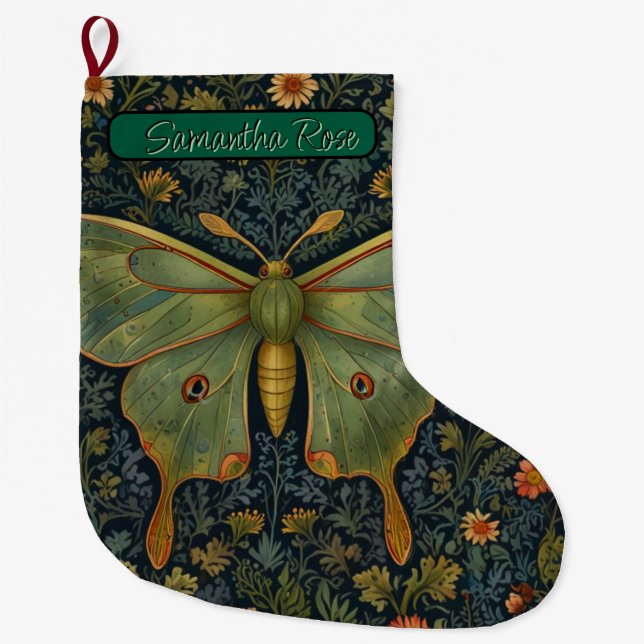 Grande Chaussette De Noël Élégant boho rétro Luna moth botanique (Devant)