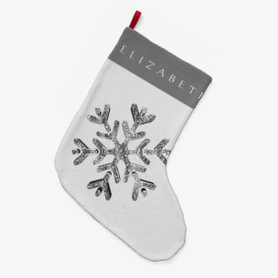 Grande Chaussette De Noël Élégant Faux Silver Grey Snowflake avec nom