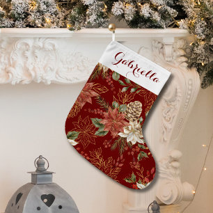 Grande Chaussette De Noël Elégant Holiday Poinsettia Rouge