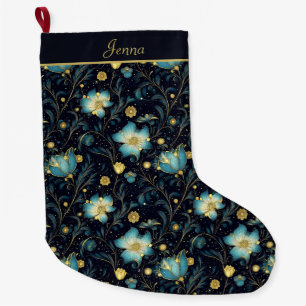 Grande Chaussette De Noël Élégant Midnight Blue & Gold Floral Personnalisé