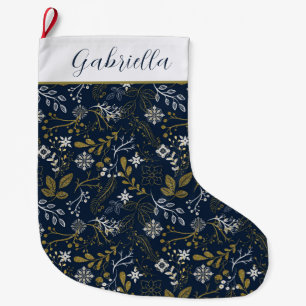 Grande Chaussette De Noël Élégant Motif botanique en argent bleu