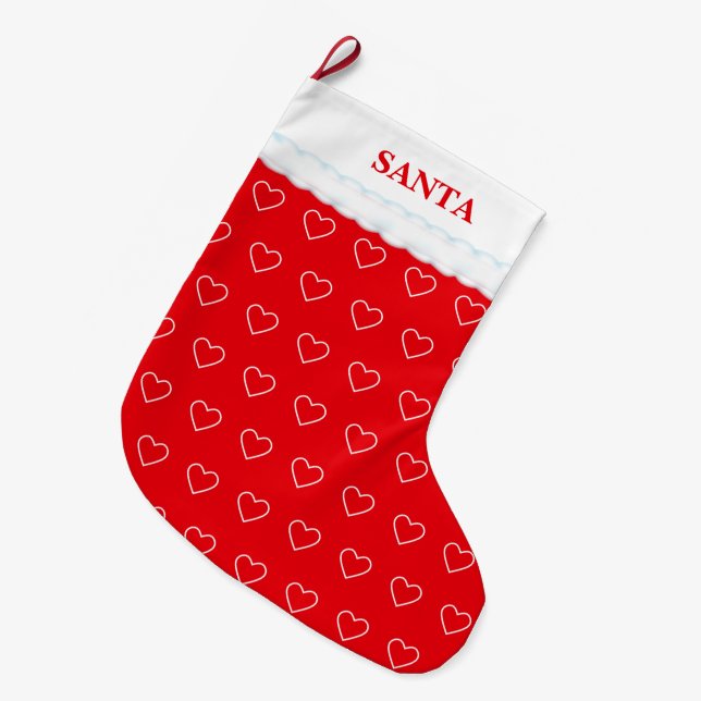 Grande Chaussette De Noël Élégant Motif cardiaque sur rouge (Devant (Accrochage))