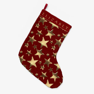 Grande Chaussette De Noël Élégant Motif Red et Gold Stars avec nom