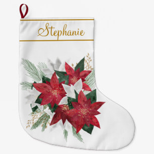 Grande Chaussette De Noël Élégant Poinsettia Rouge Nom personnalisé Noël
